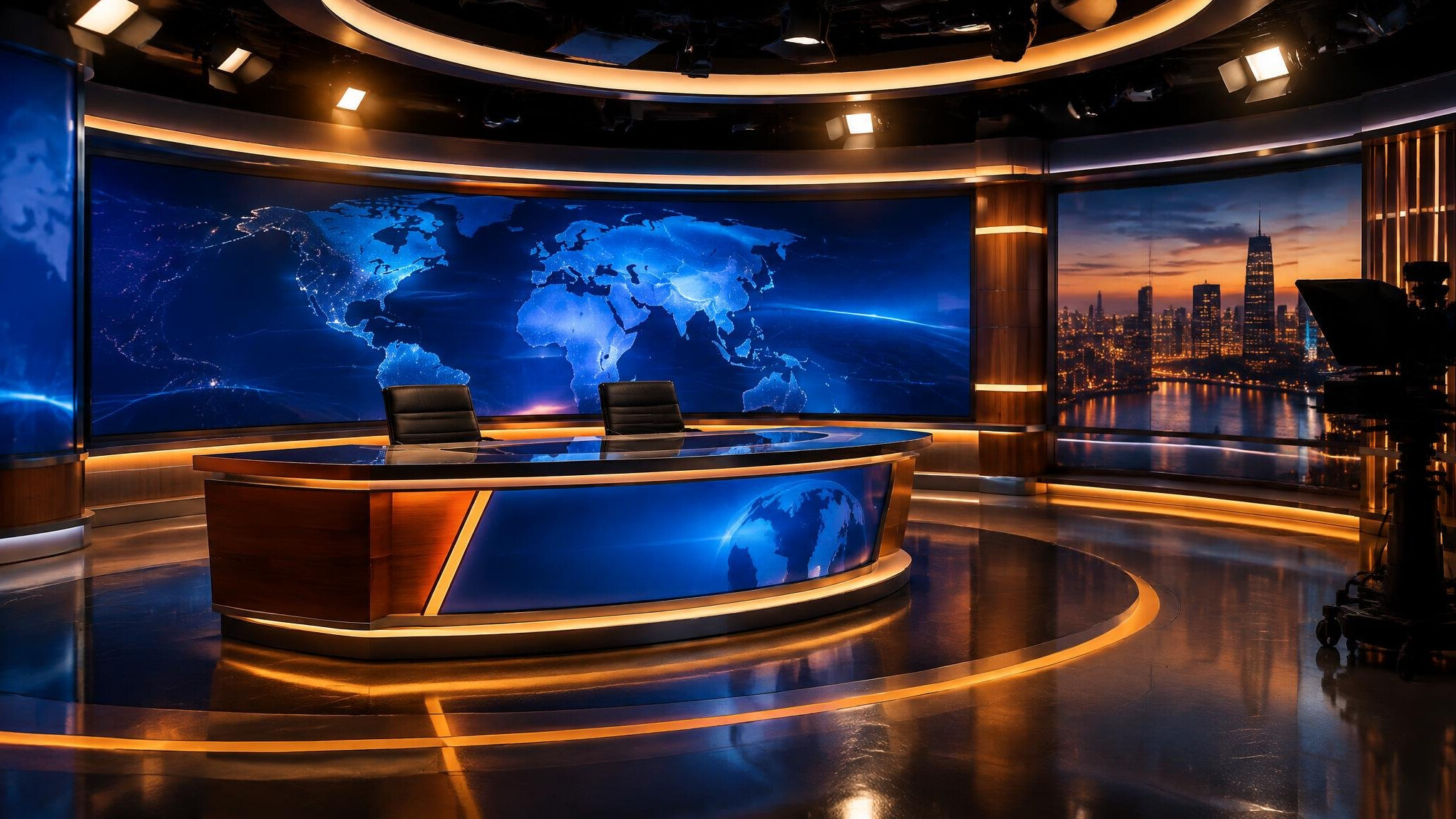 Empty television studio with spotlights and stage lighting