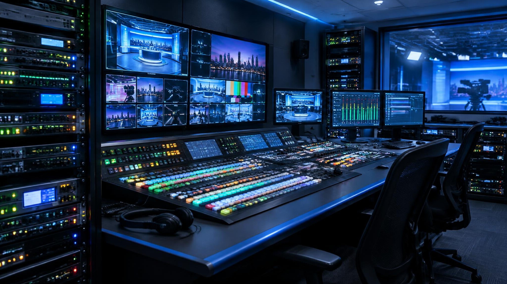 Broadcast control room with racks of equipment and indicator lights
