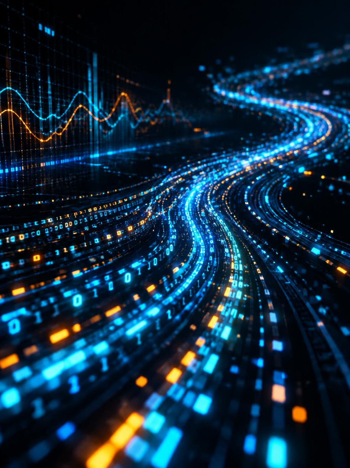 Abstract flowing green data code on a dark screen